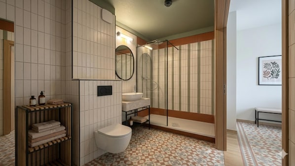 Ein Badezimmer mit Toilette, Waschbecken und Dusche. Ein Handtuchhalter mit Handtüchern sowie ein gerahmtes Bild an der Wand.