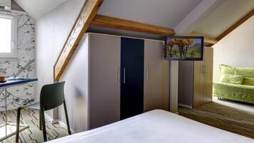 Premium bedding, desk, soundproofing, iron/ironing board