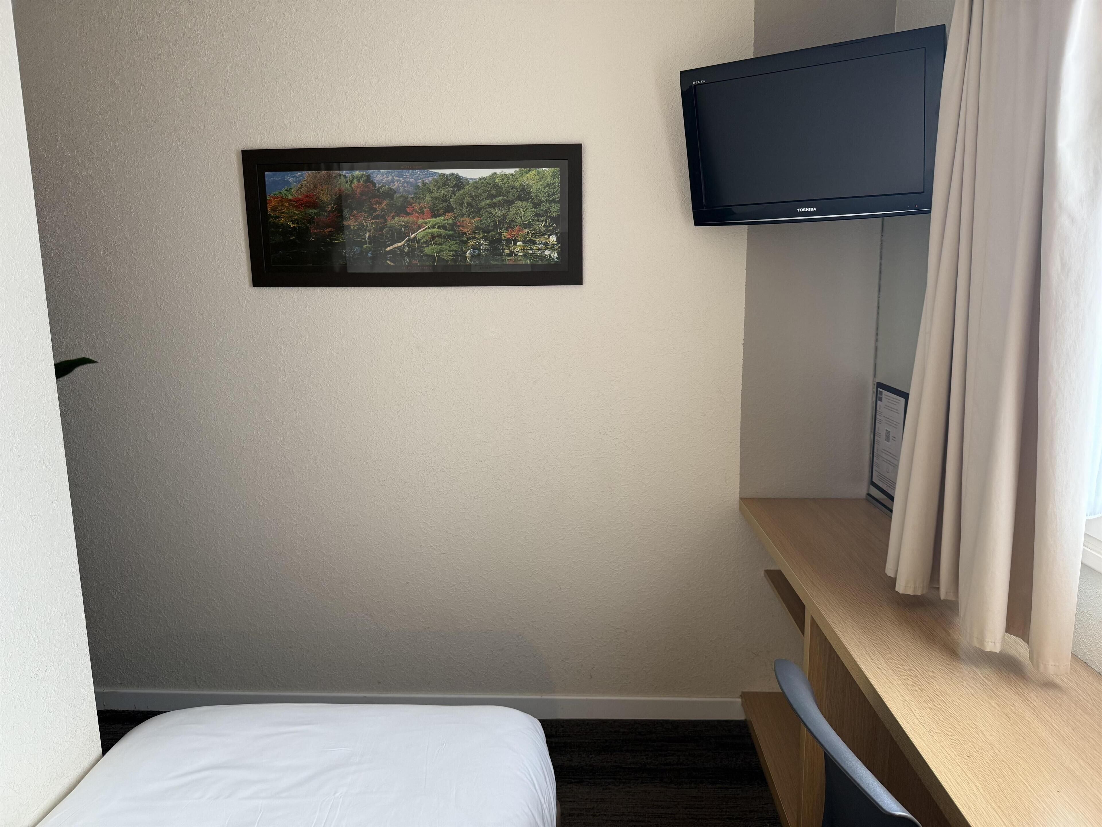 A hotel room with a bed, a mounted television, and a framed picture on the wall.