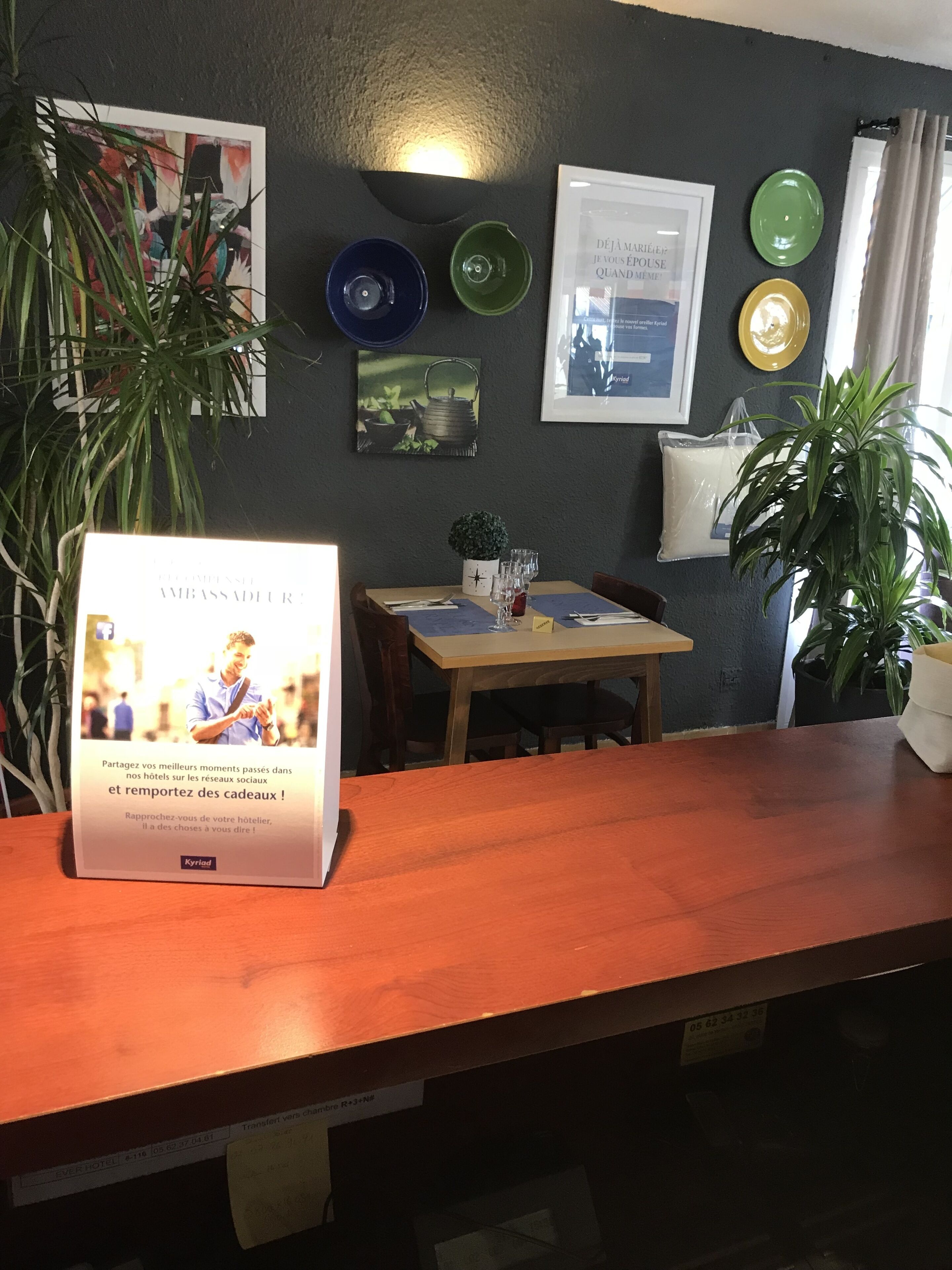 A hotel reception area with a wooden reception desk, framed artwork on the wall, and potted plants.