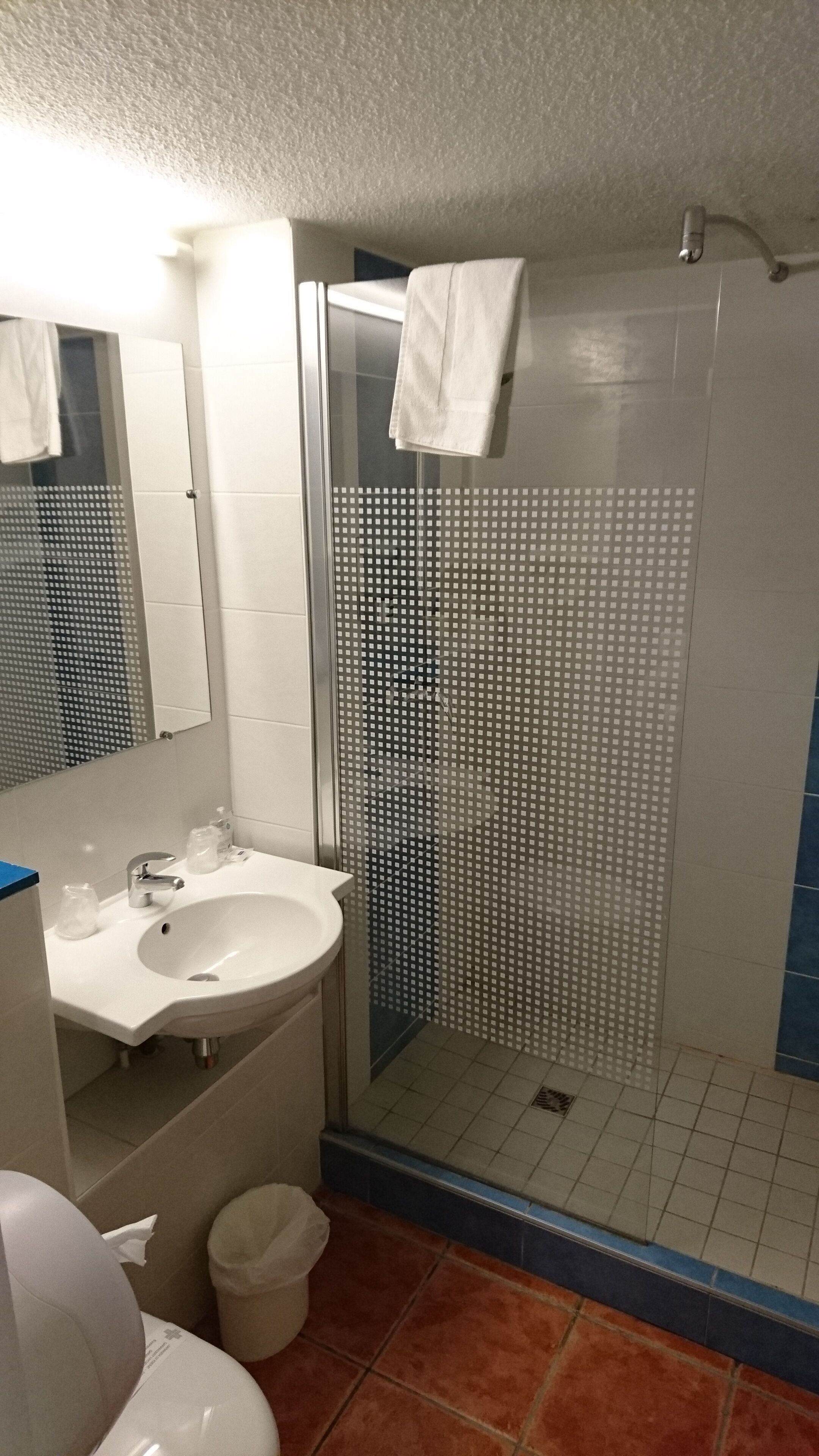 Un baño con lavabo, espejo y ducha.