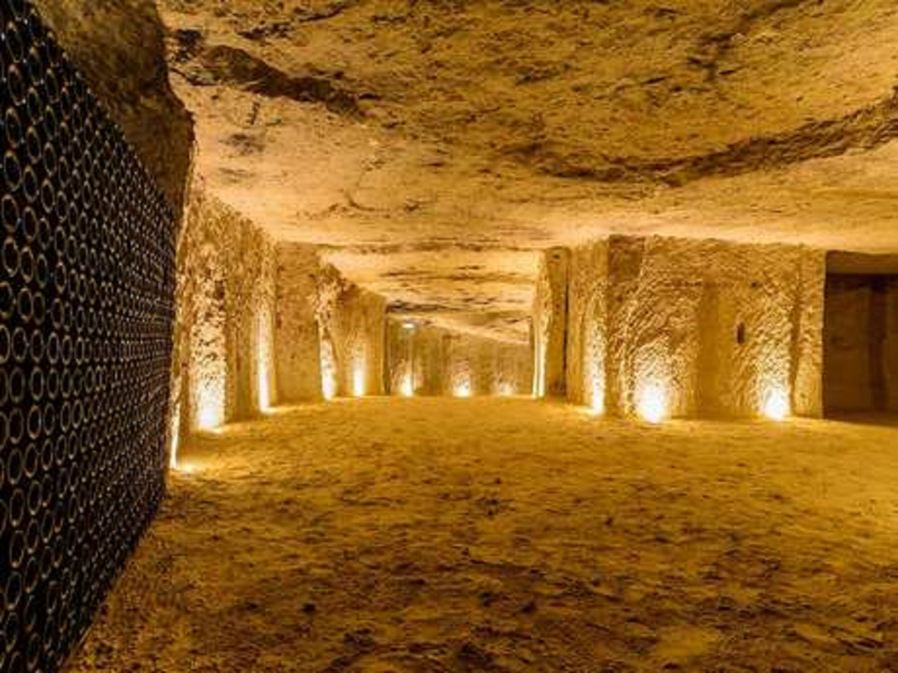 A cave-like interior with a patterned wall and a series of columns.