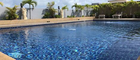 Outdoor pool, sun loungers