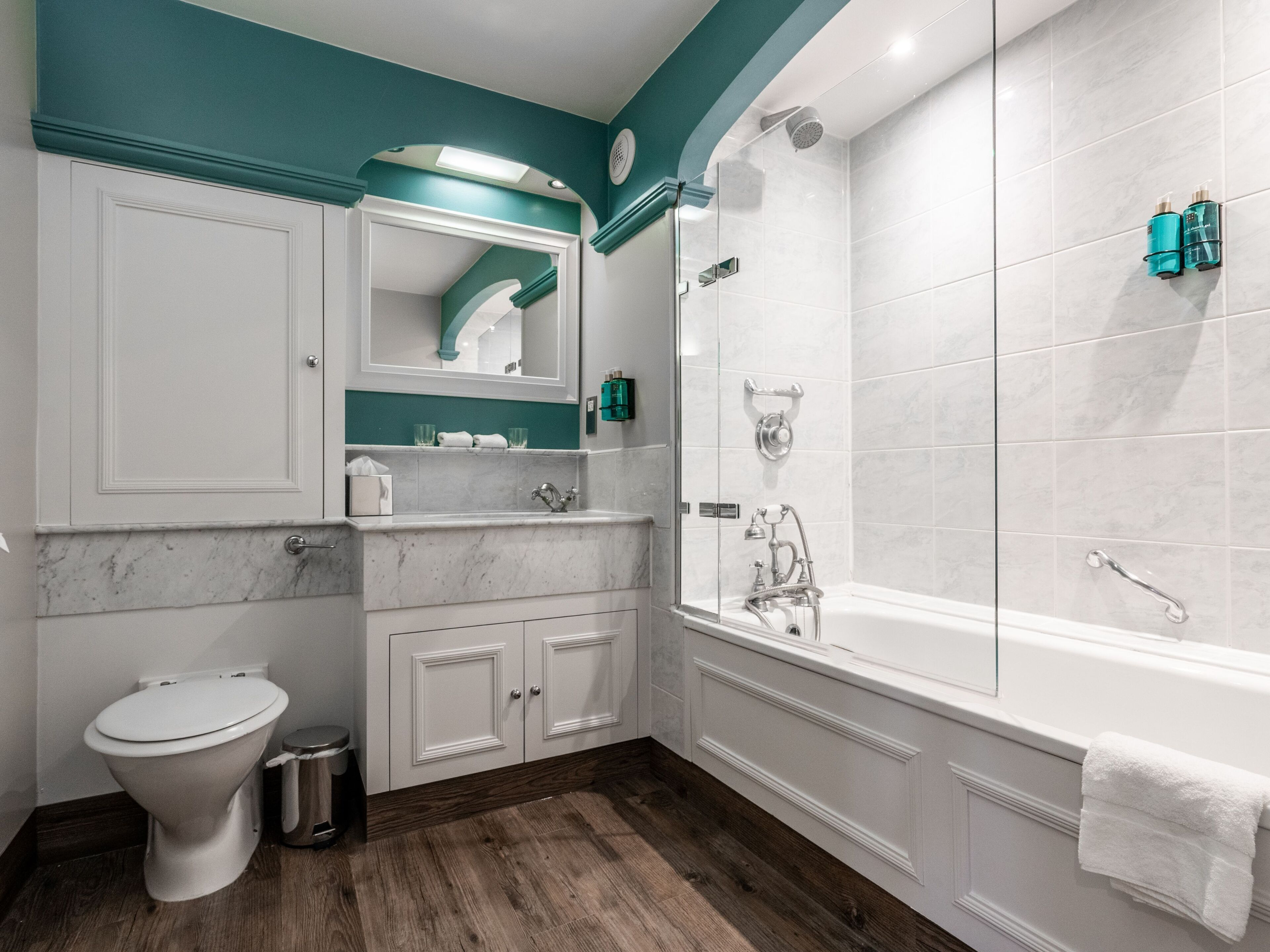 combined shower/bathtub, free toiletries, hair dryer, towels