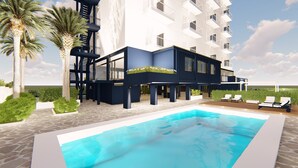 A modern multi-story hotel with a pool area, palm trees, and a clear sky. - Hotel Biancamano (Rimini)