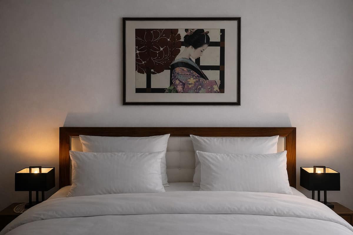 Een opgemaakt bed met witte lakens, een lijst met een kunstwerk erboven, en twee bedlampen aan weerszijden.