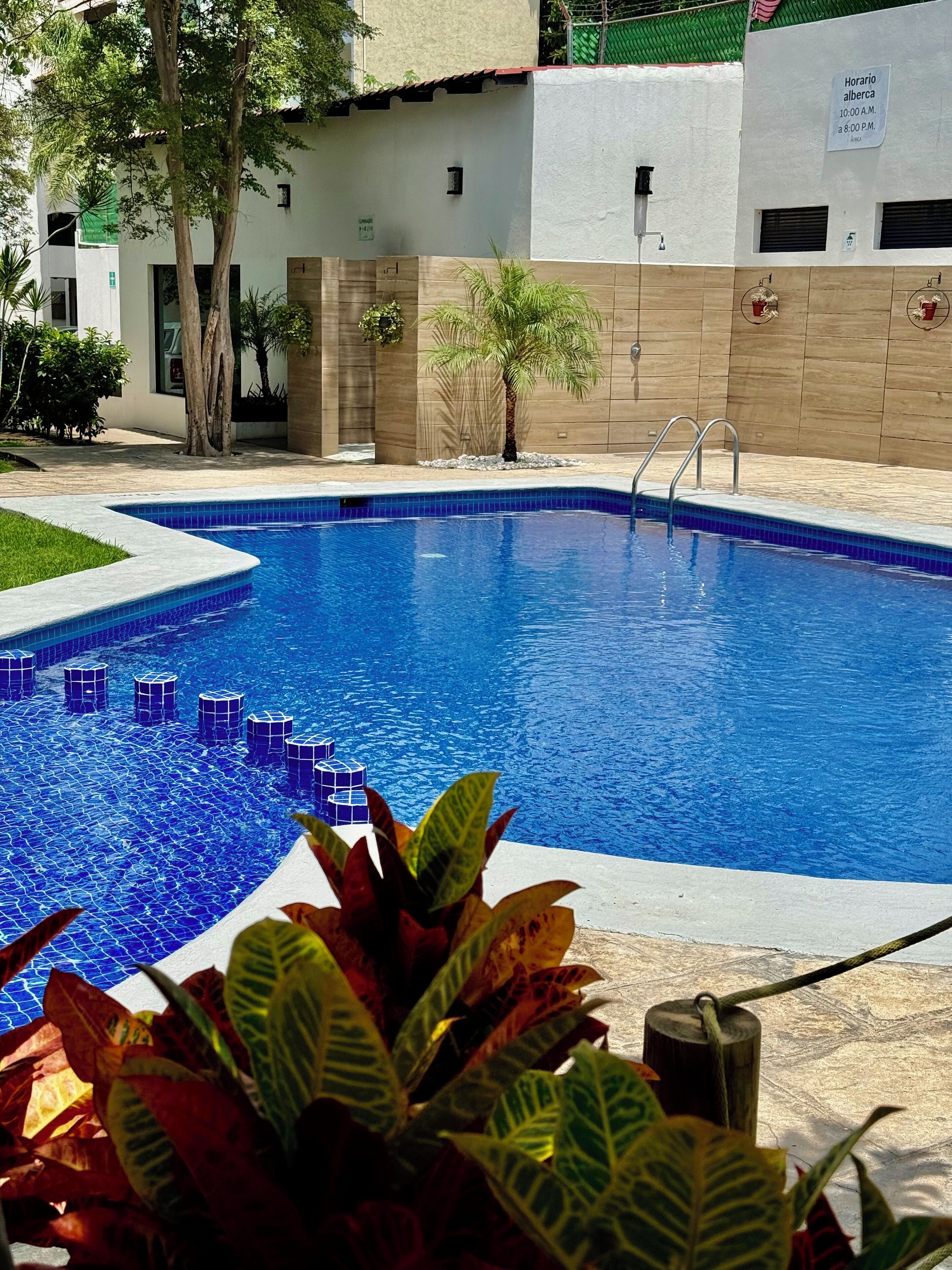 outdoor pool, open 10:00 am to 8:00 pm, pool loungers