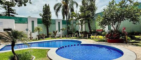 Outdoor pool, open 10:00 AM to 8:00 PM, sun loungers