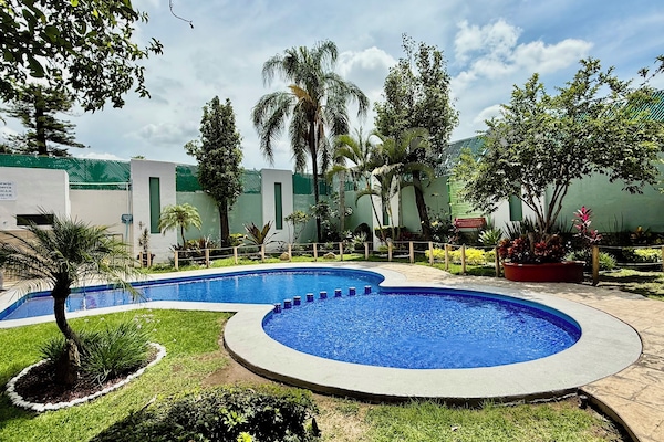 Piscine extérieure, chaises longues