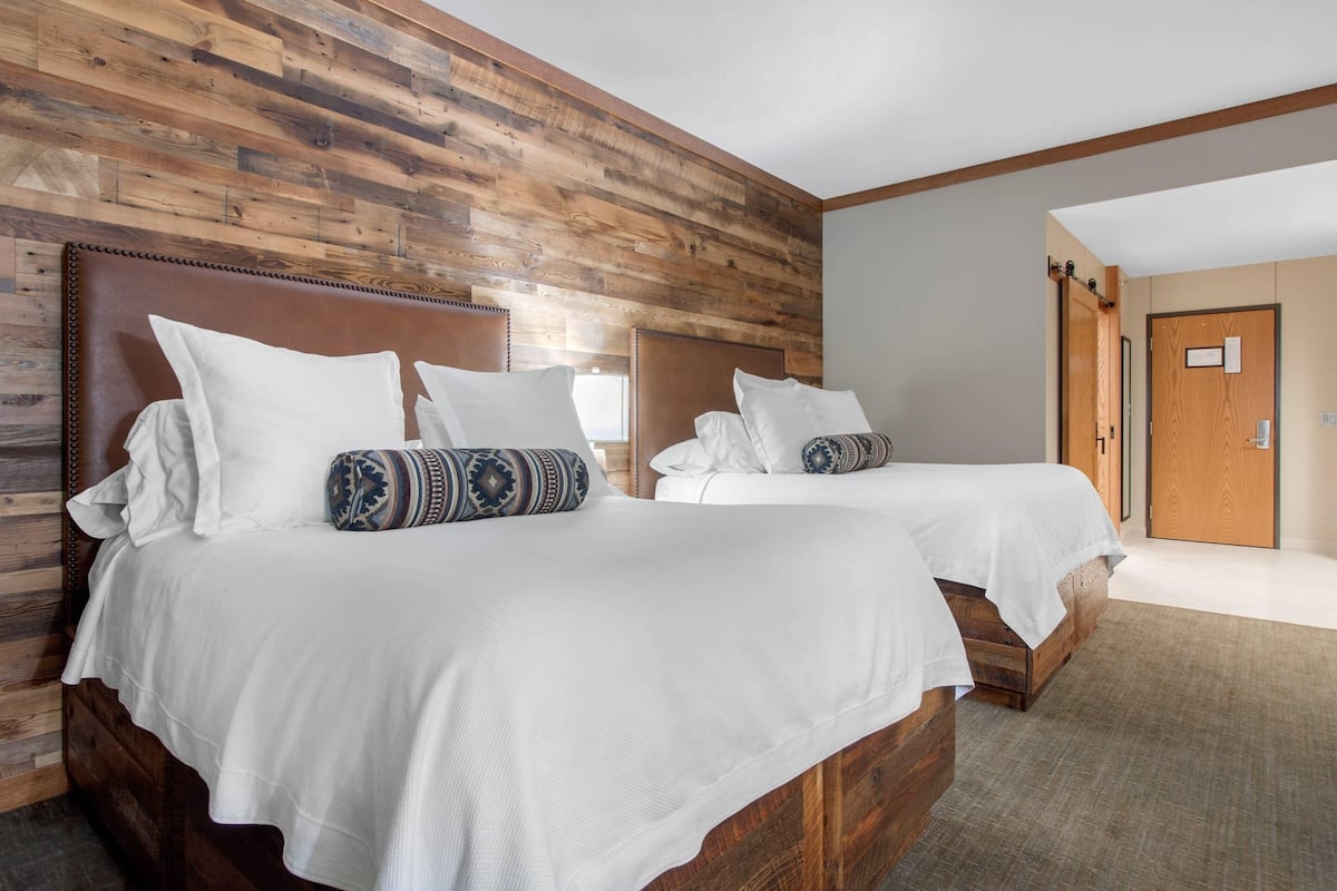 Desk, laptop workspace, blackout curtains, iron/ironing board