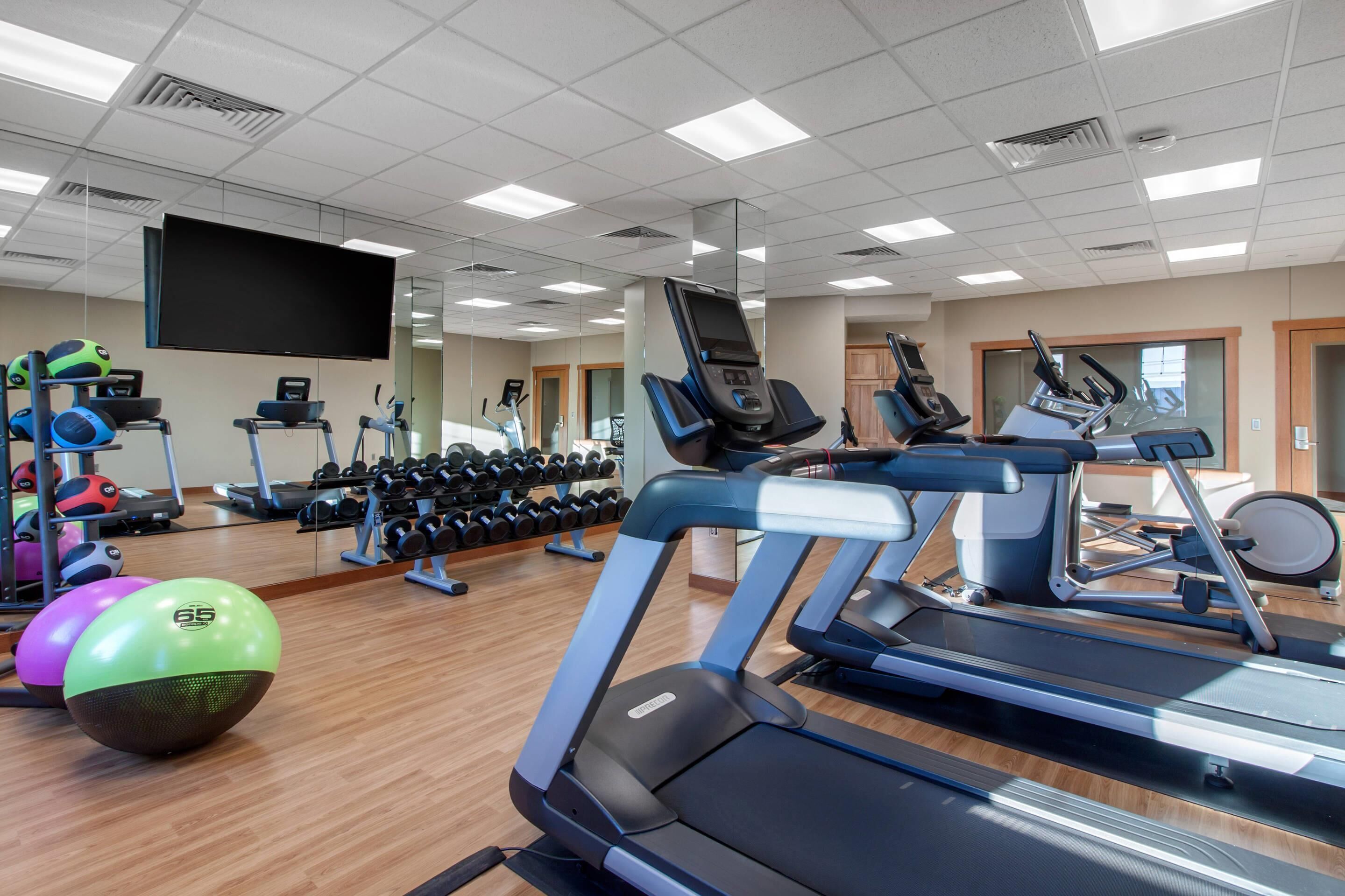 Uma academia com esteiras, bolas de exercício e halteres.