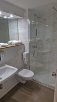 Un baño moderno con ducha envuelta en vidrio, un lavamanos blanco y un inodoro.