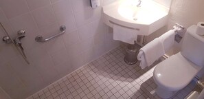 A bathroom with a white sink, toilet, and grab bars. - Kyriad Chantilly (Gouvieux)