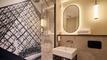 Shower, rainfall showerhead, eco-friendly toiletries, hair dryer