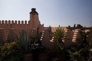 A courtyard with a high wall, potted plants, and a clear sky. - Dar Les Cigognes (Marrakech)