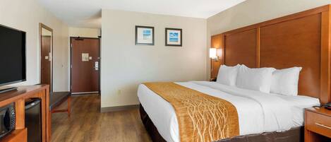A hotel room with a bed, a TV, a desk, and a microwave.
