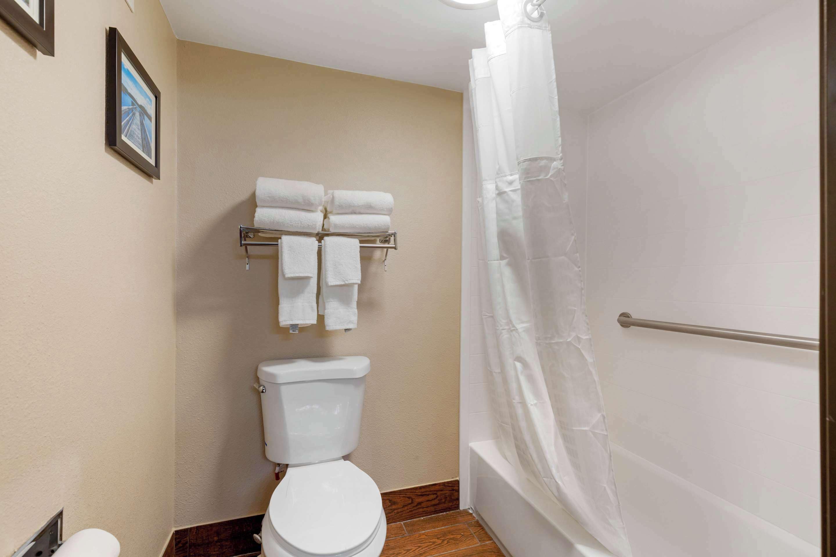 A bathroom with a toilet, a towel rack with folded towels, and a shower curtain.
