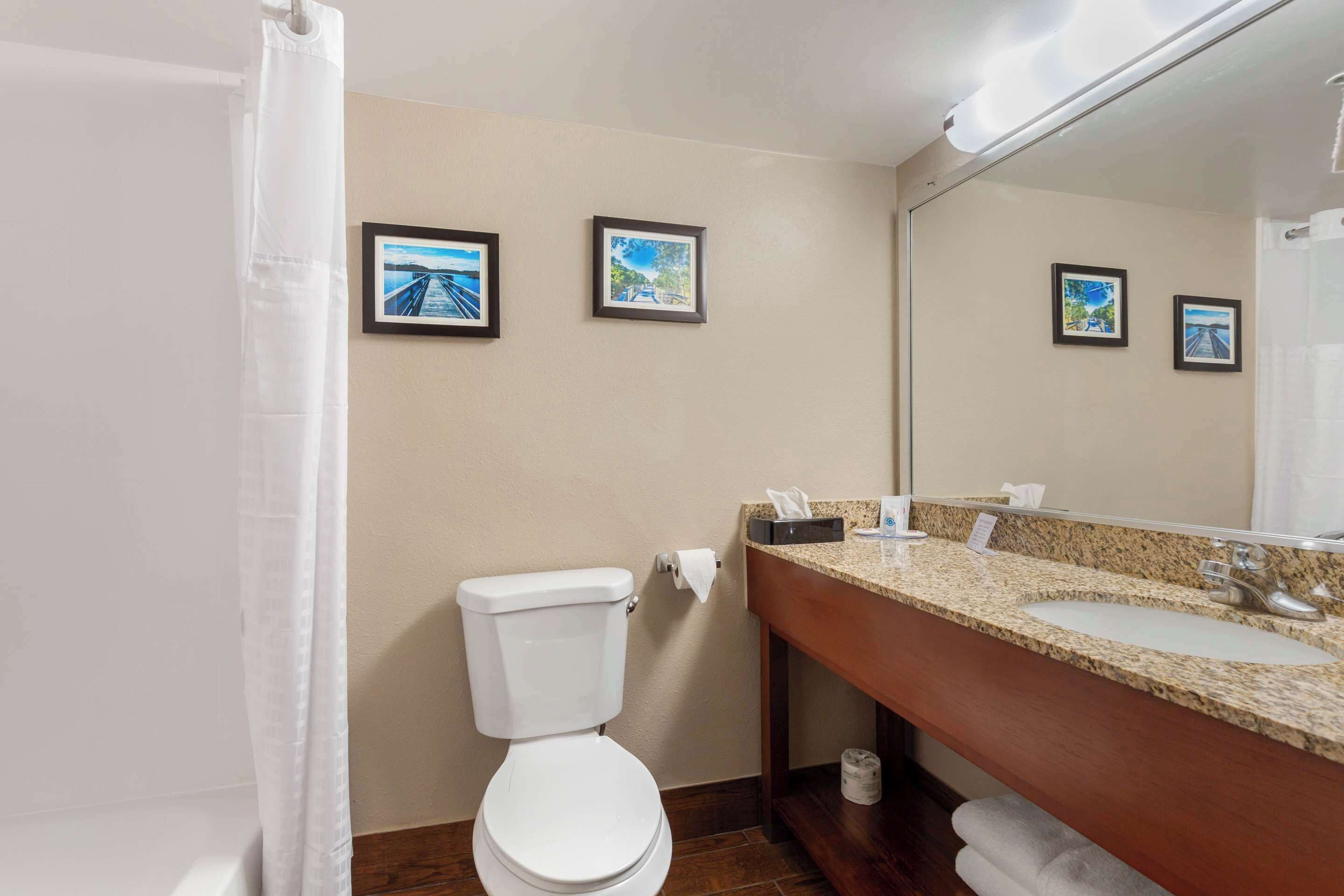 A bathroom with a toilet, sink, and two framed pictures on the wall.