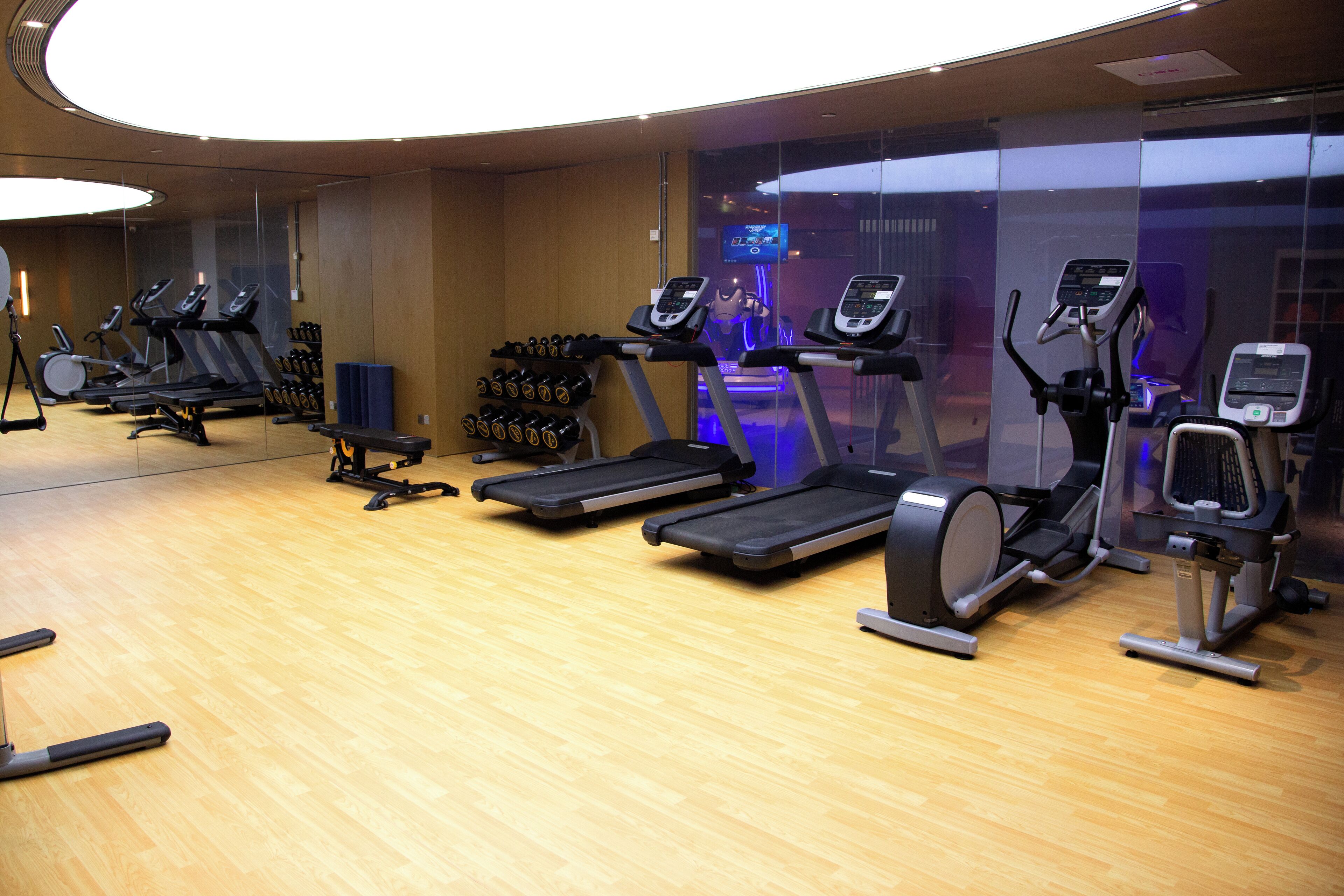 Un gimnasio con cintas de correr, elípticas y un estante de mancuernas.