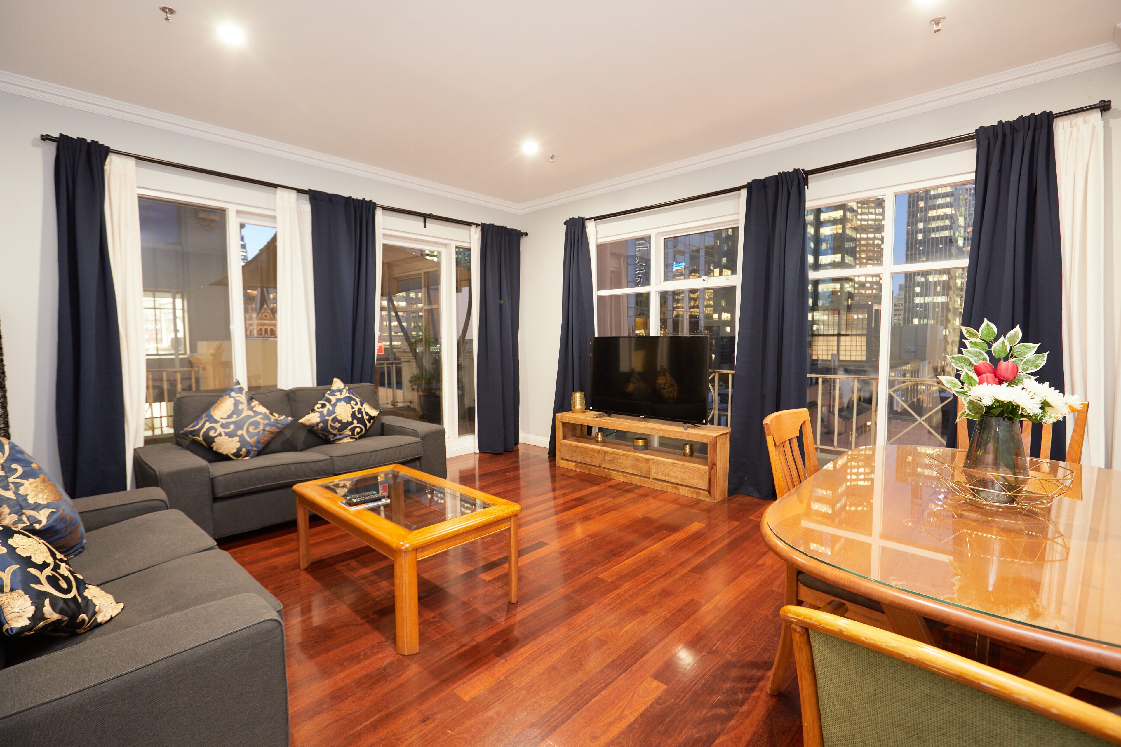 two bedroom two bathroom penthouse apartment | living area | lcd tv, dvd player