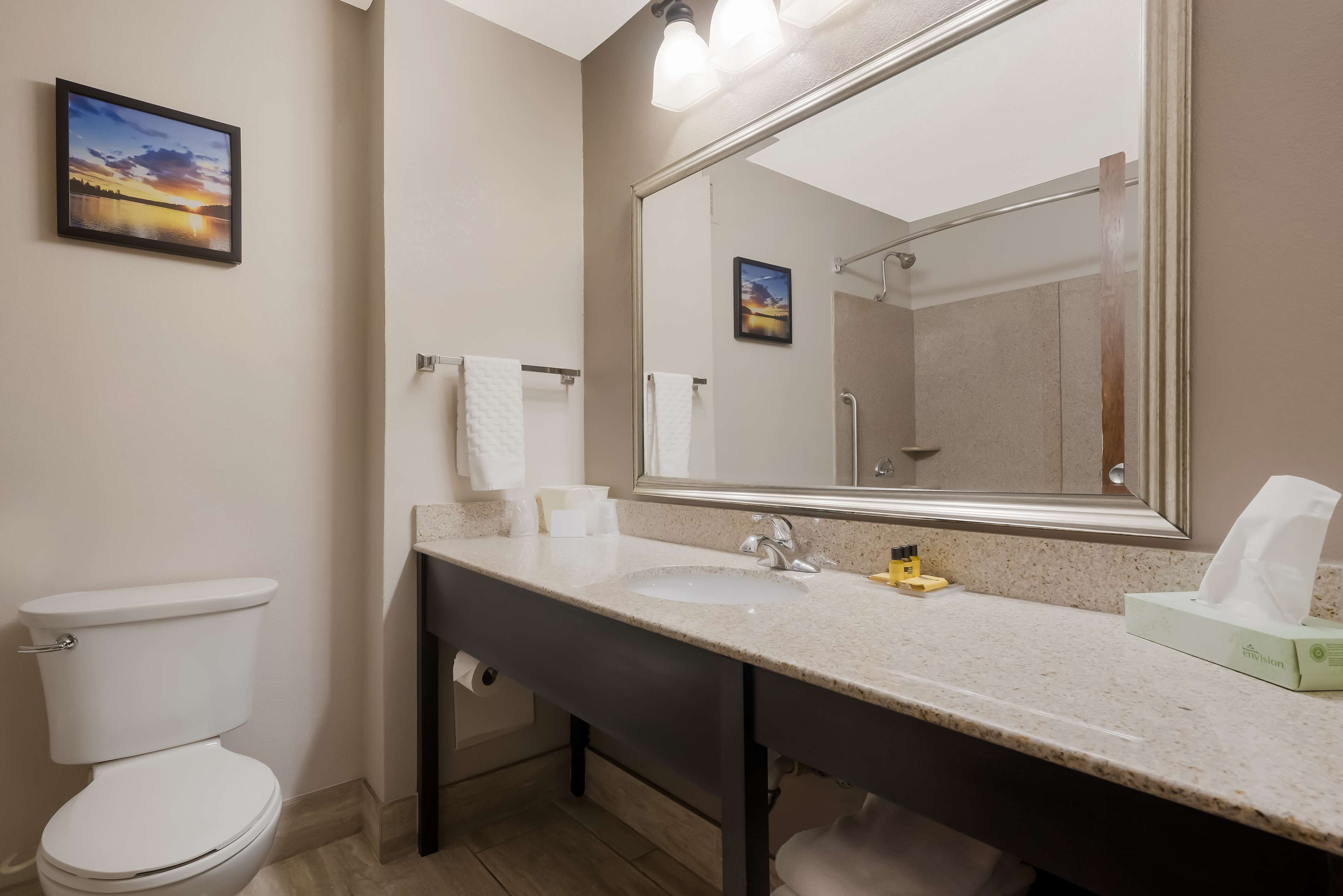 A bathroom with a toilet, sink, and mirror.