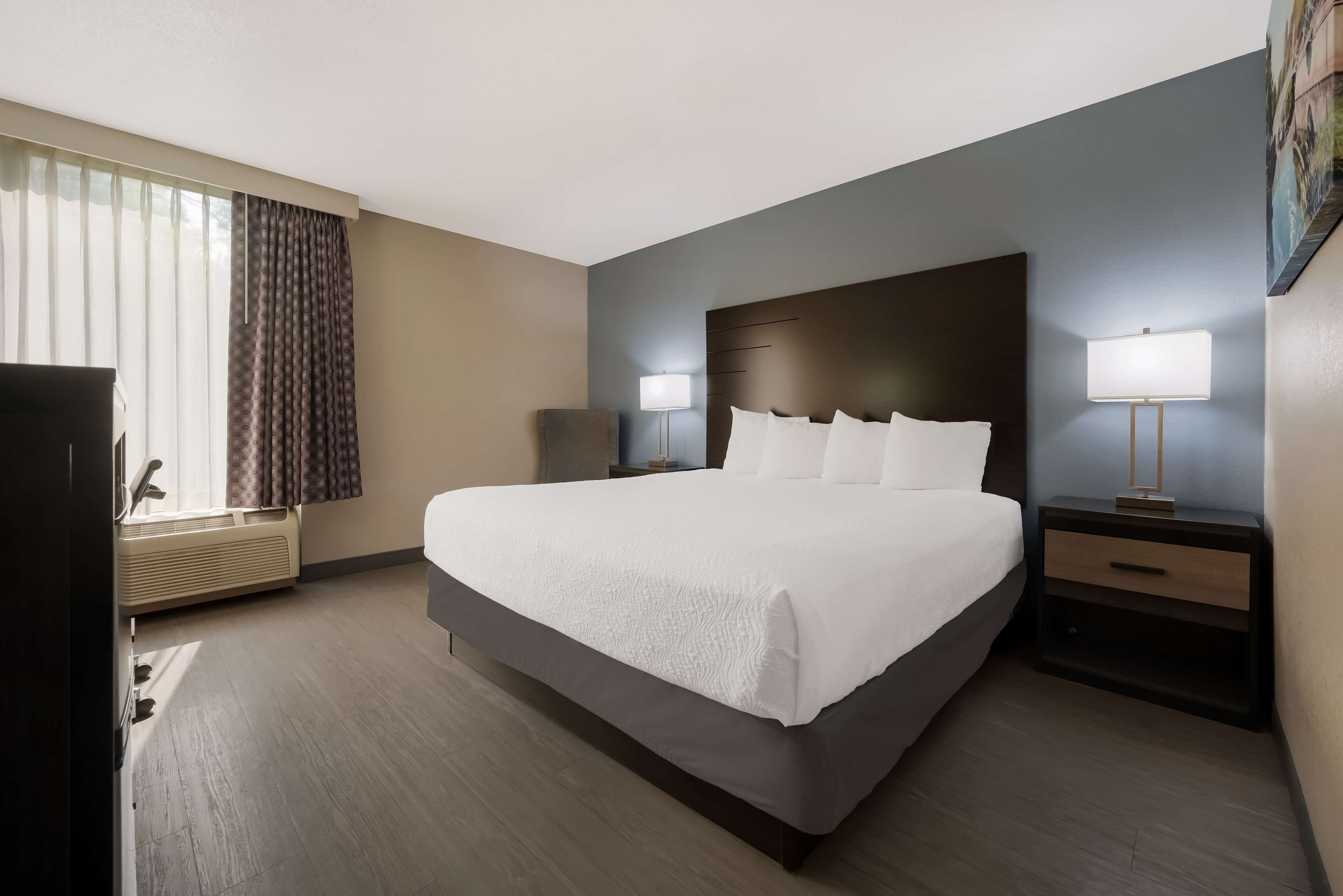 Una habitación de hotel con una cama grande, dos mesitas de noche con lámparas, un televisor y una ventana con cortinas.