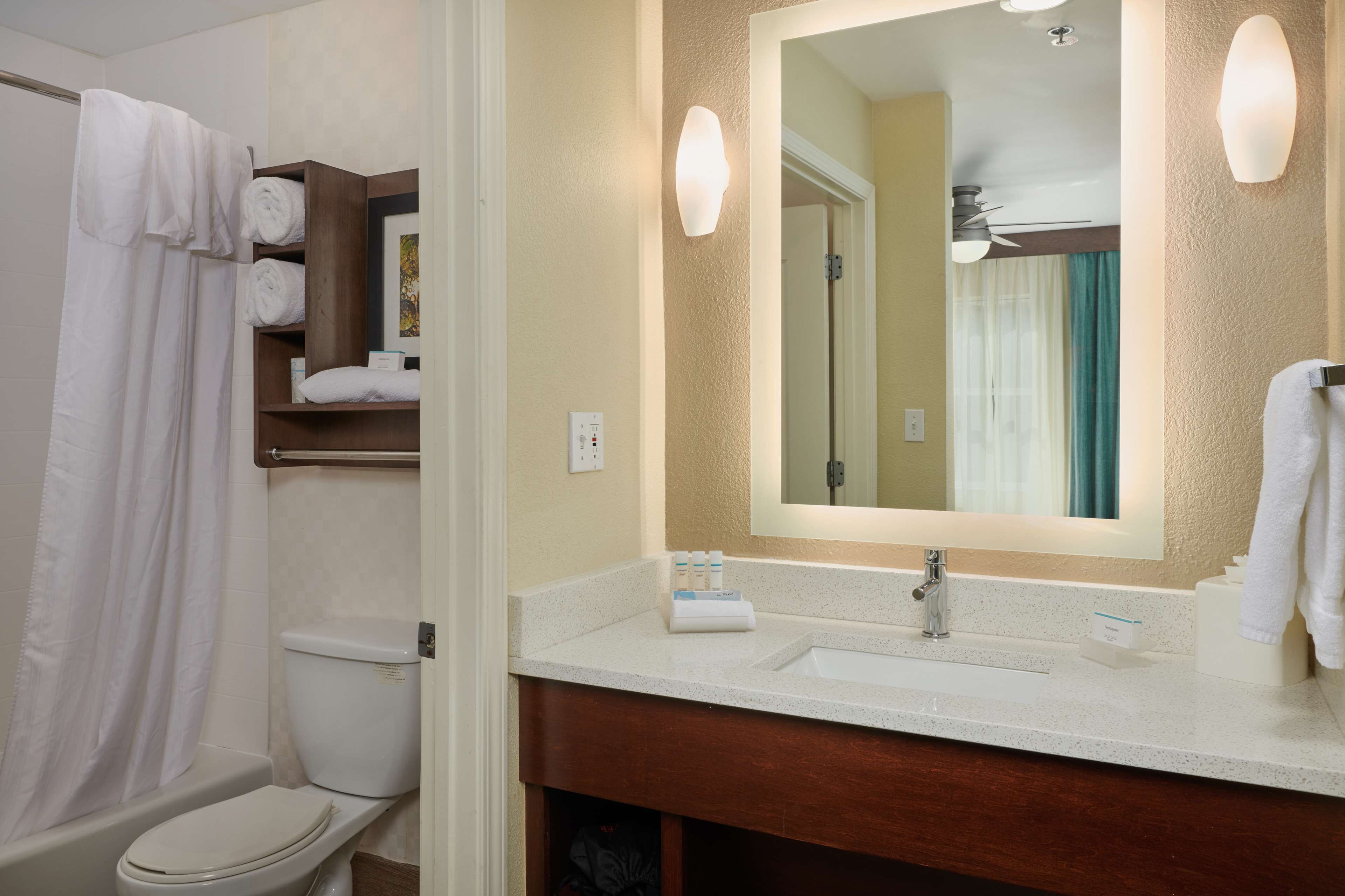 A bathroom with a toilet, a sink with a mirror, and a shower curtain.