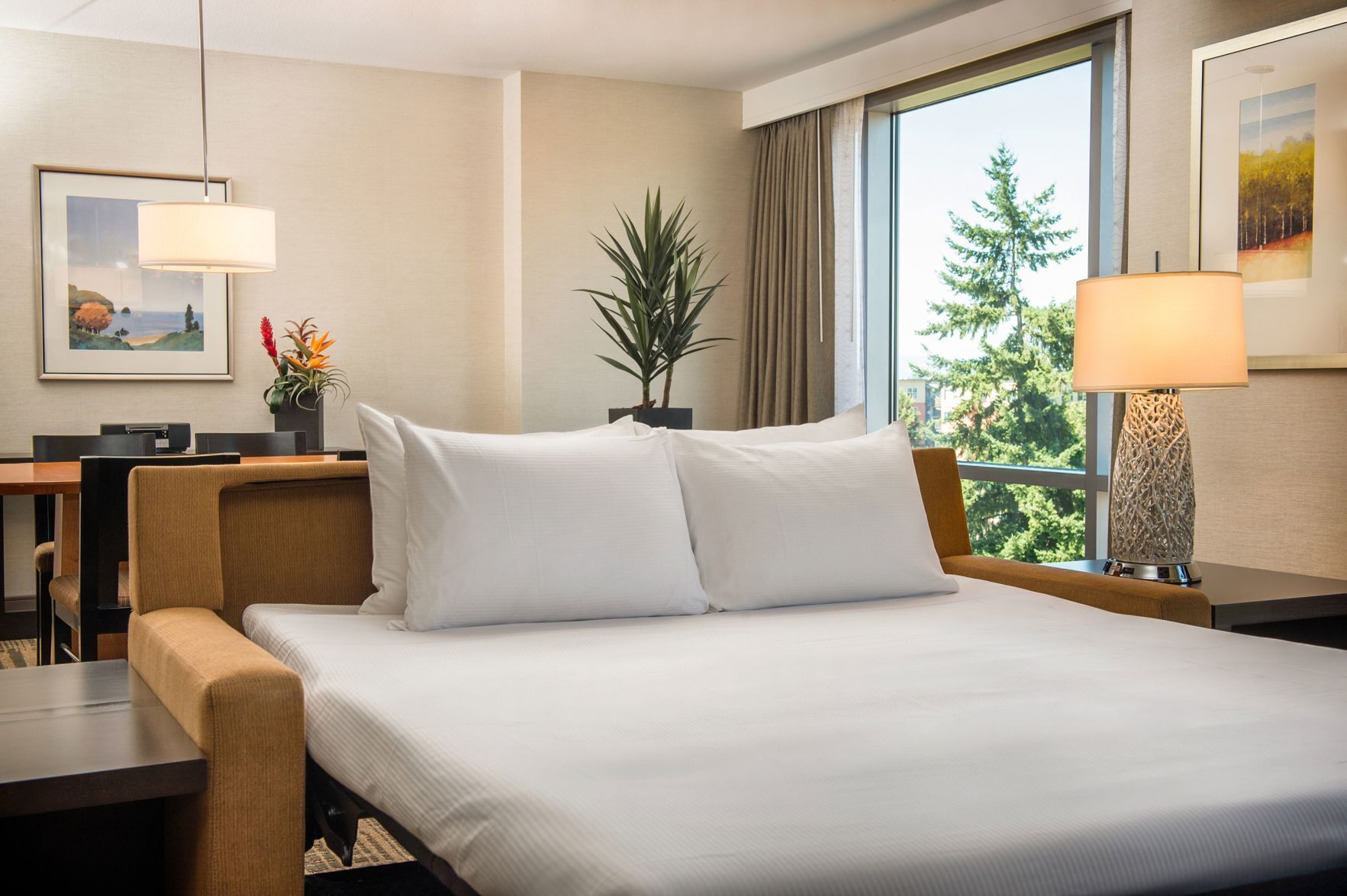 Premium bedding, pillowtop beds, desk, blackout drapes