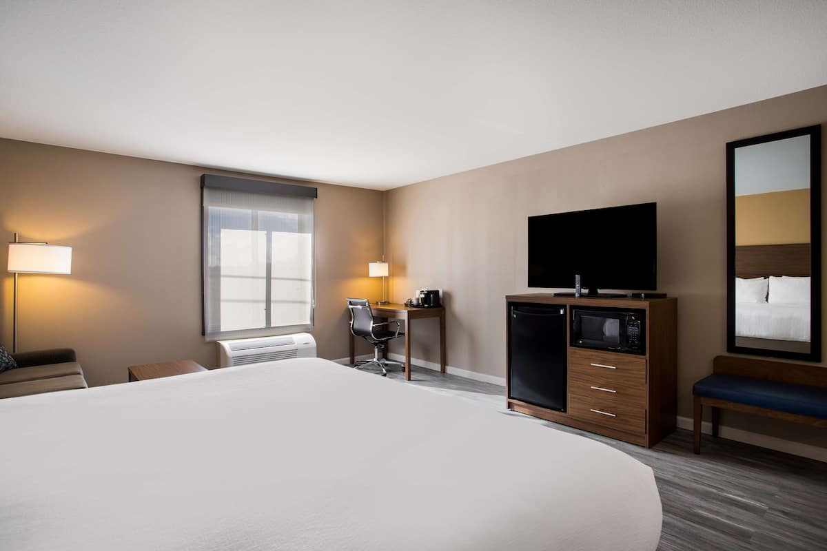 standard room, 1 king bed, non smoking, refrigerator & microwave (with sofabed) | desk, iron/ironing board, free wired internet, bed sheets