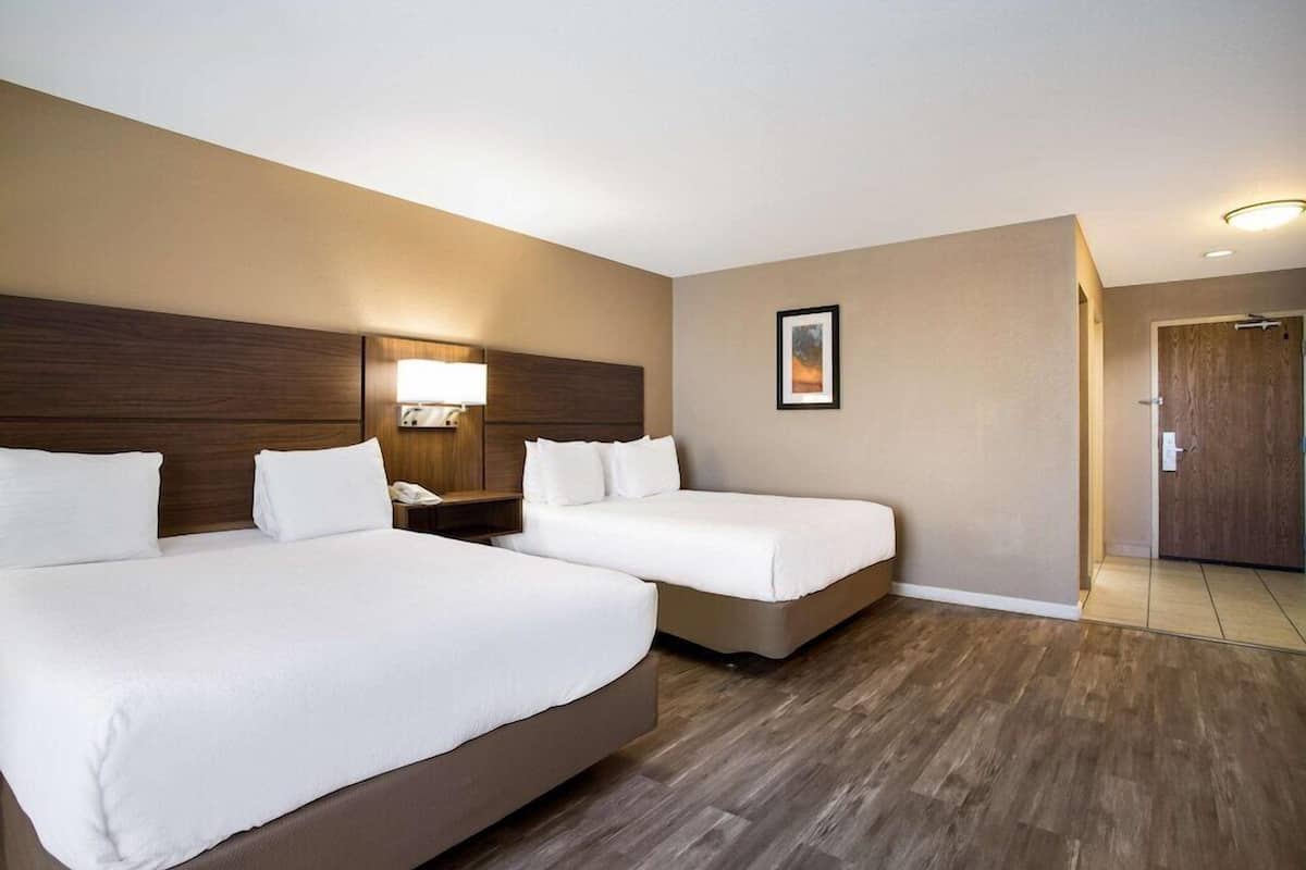 A hotel room with two beds, a nightstand with a lamp, a framed picture on the wall, and a wooden door.