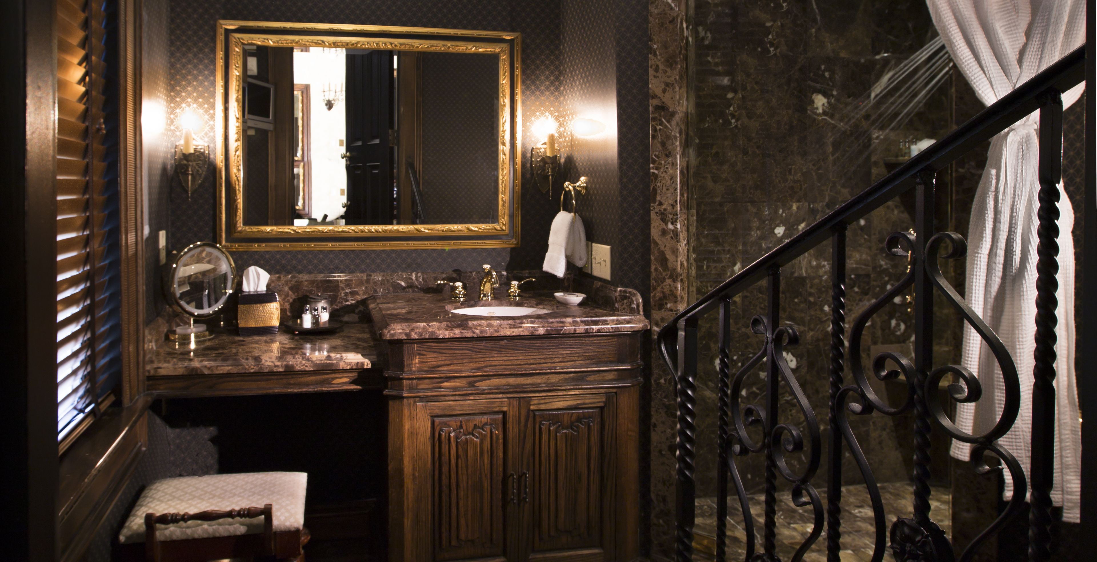 english tudor | bathroom | designer toiletries, hair dryer, bathrobes, slippers