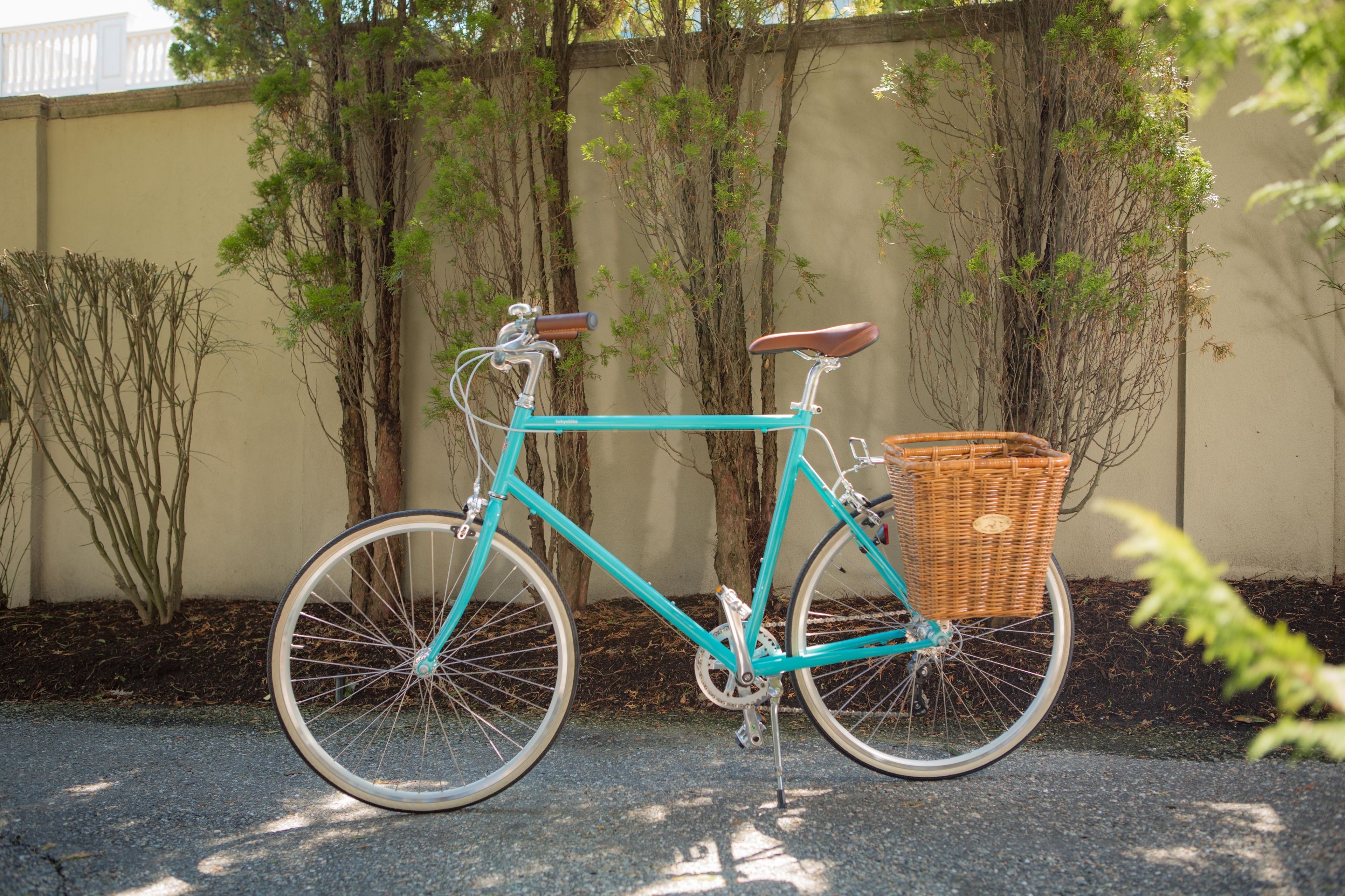 Un vélo turquoise avec un panier en osier, garé contre un mur, près d’arbres et d’une clôture.