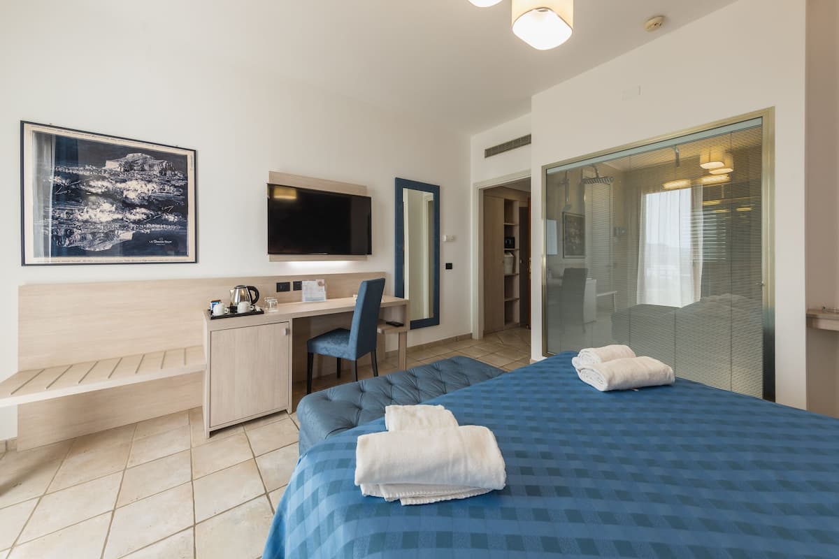Une chambre d’hôtel avec un lit, un bureau, une chaise, une télévision et une grande fenêtre.