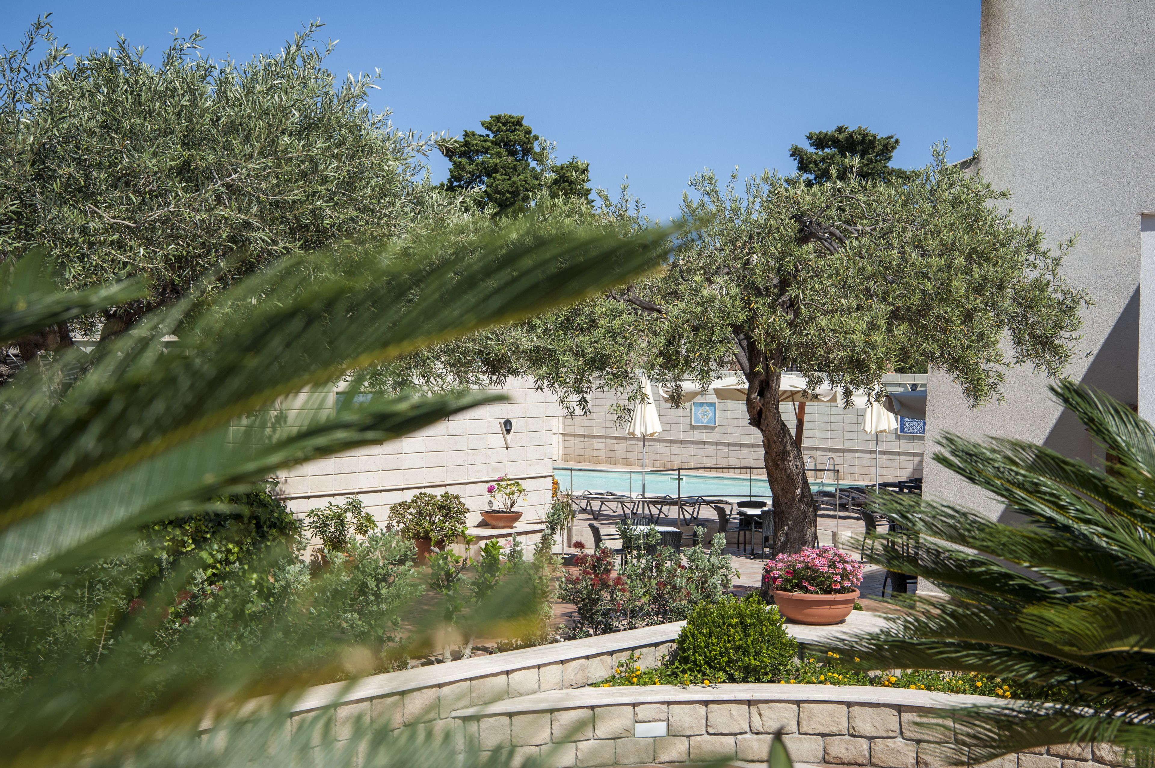 Zona de piscina al aire libre con muro de piedra, plantas en macetas y área de descanso con mesas y sombrillas.