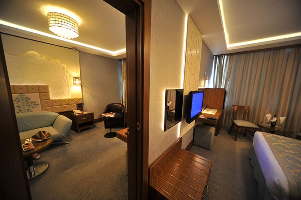 A hotel room with a bed, a desk, a chair, a television, and a small table.