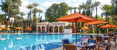 Outdoor pool, pool umbrellas, pool loungers