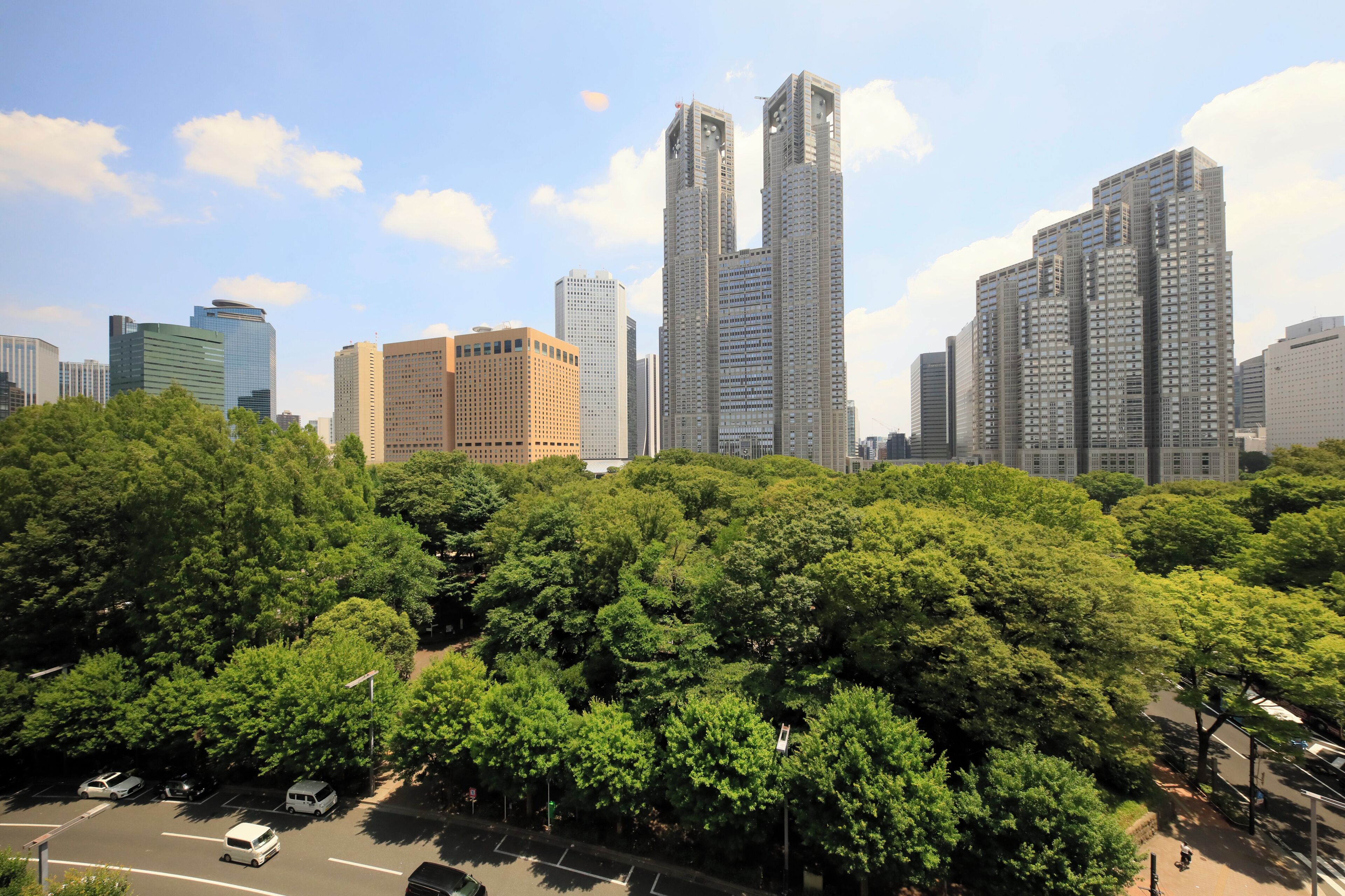A cityscape with high-rise buildings and a dense green park area.