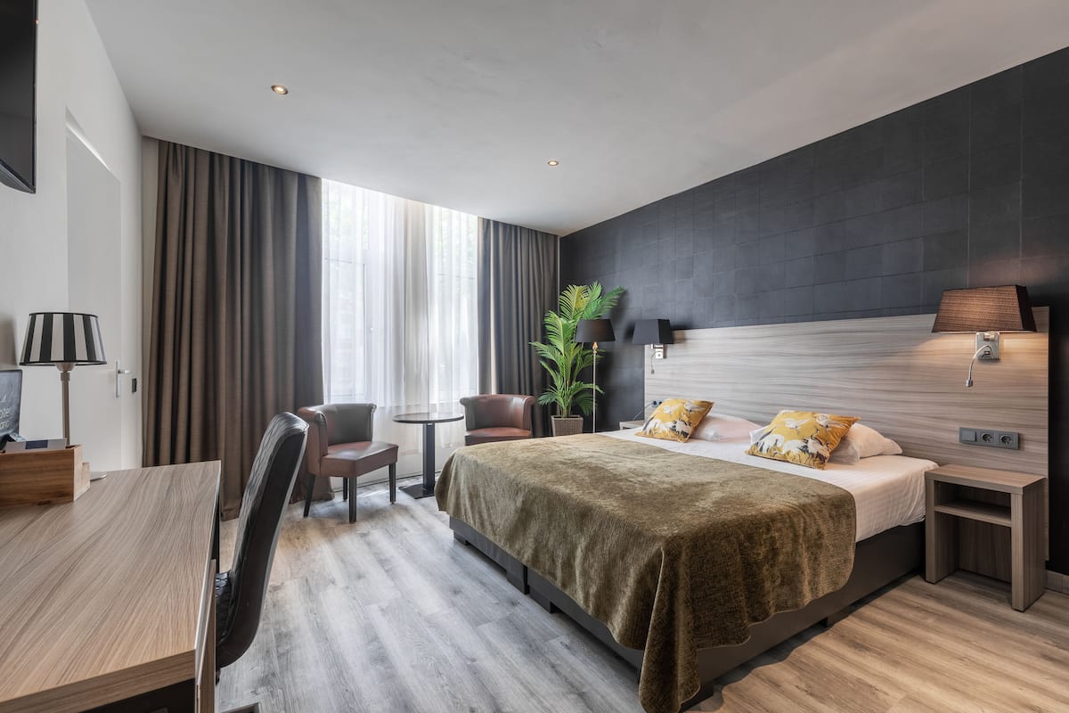 A modern hotel room with a large bed, a desk, a chair, a potted plant, and a view of the outdoors.