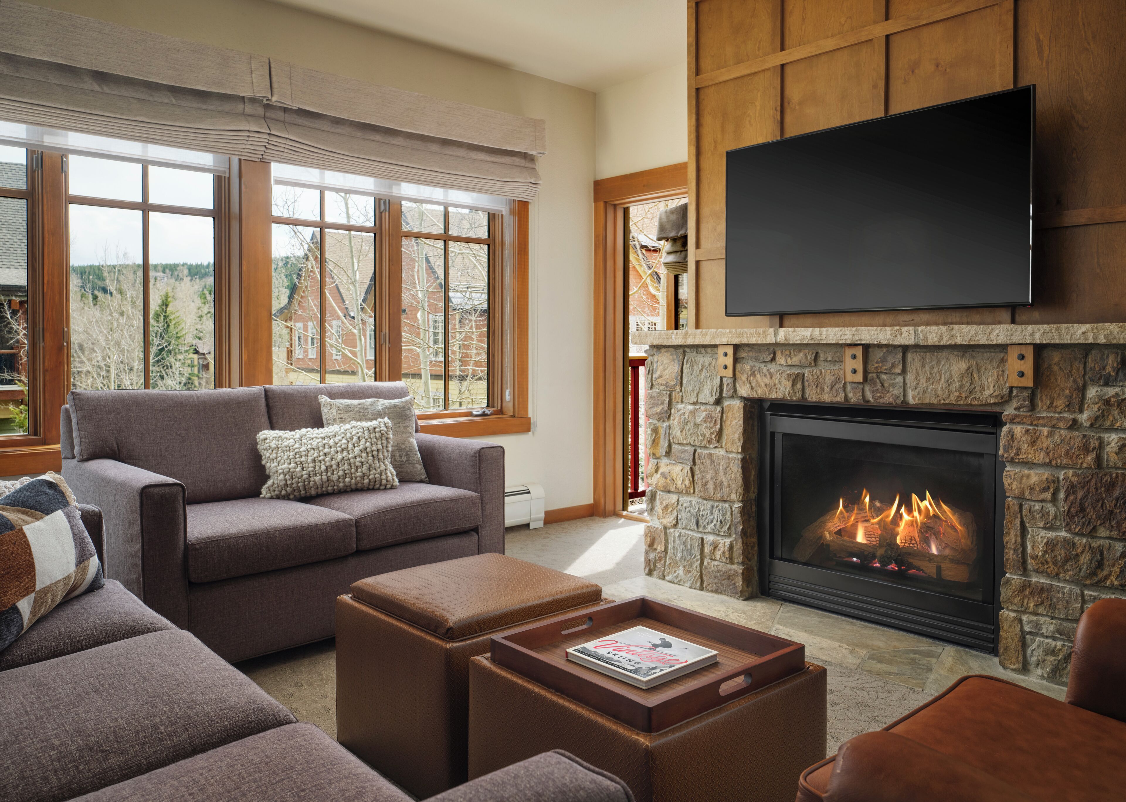 42-inch TV with satellite channels, fireplace, DVD player