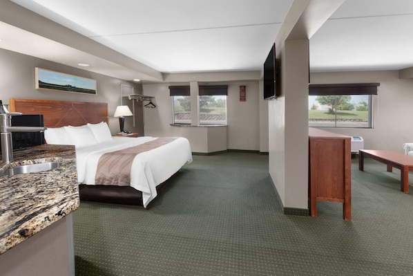 Habitación de hotel con cama, escritorio, silla, televisión, un cuadro y ventana.