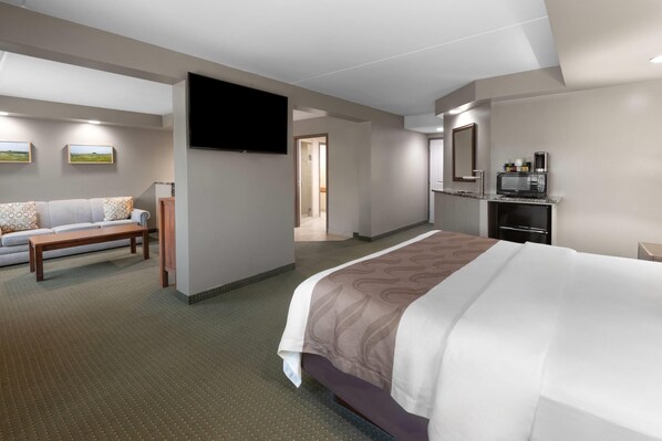 Una habitación de hotel con una cama grande, un sofá, un televisor y una kitchenette.