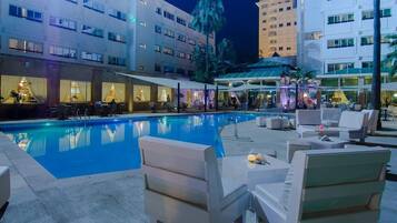 Outdoor pool, pool umbrellas, pool loungers