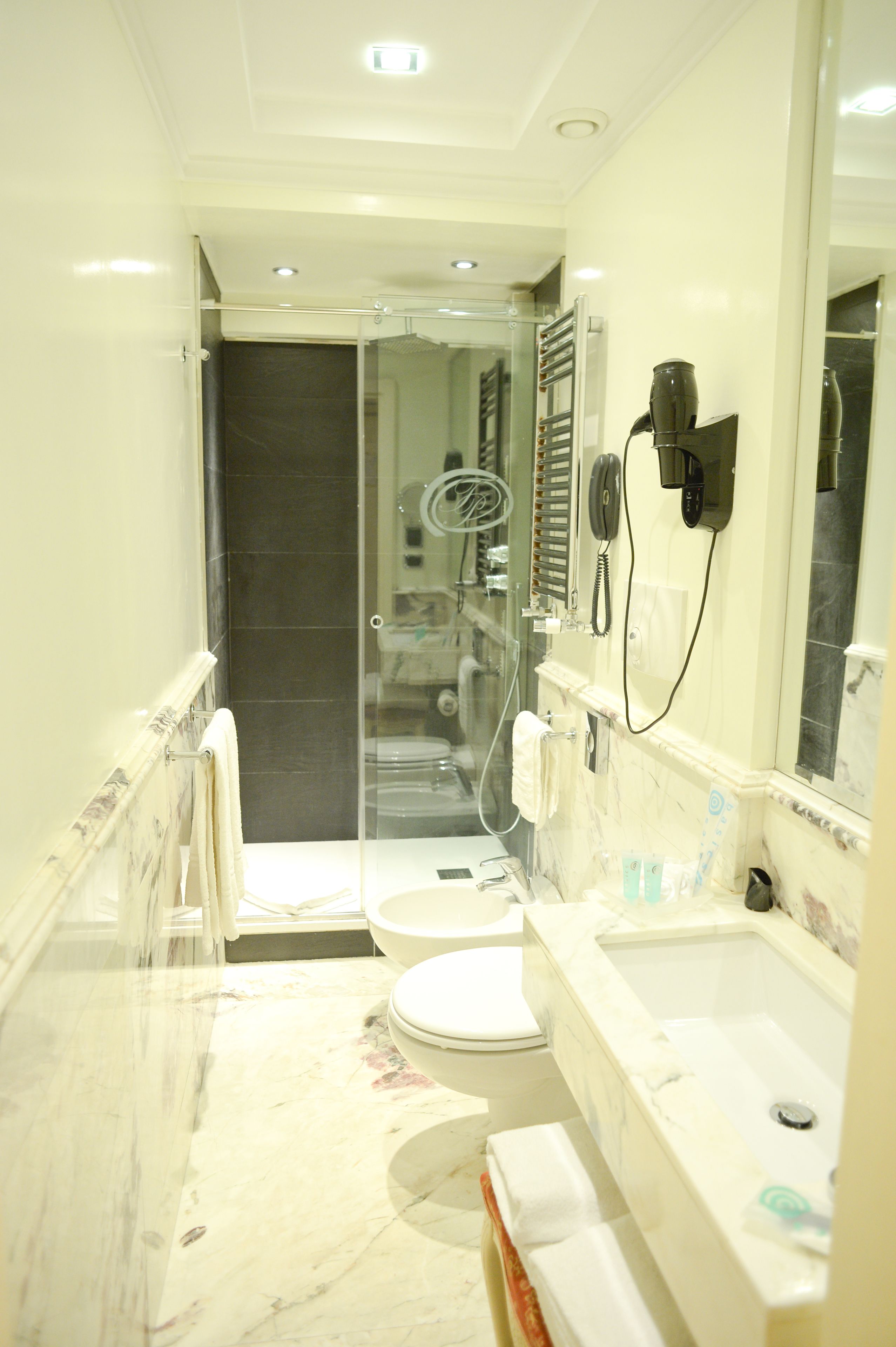A narrow bathroom with a glass shower enclosure, a toilet, and a sink with a mirror.