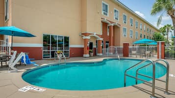 Outdoor pool, pool umbrellas, pool loungers