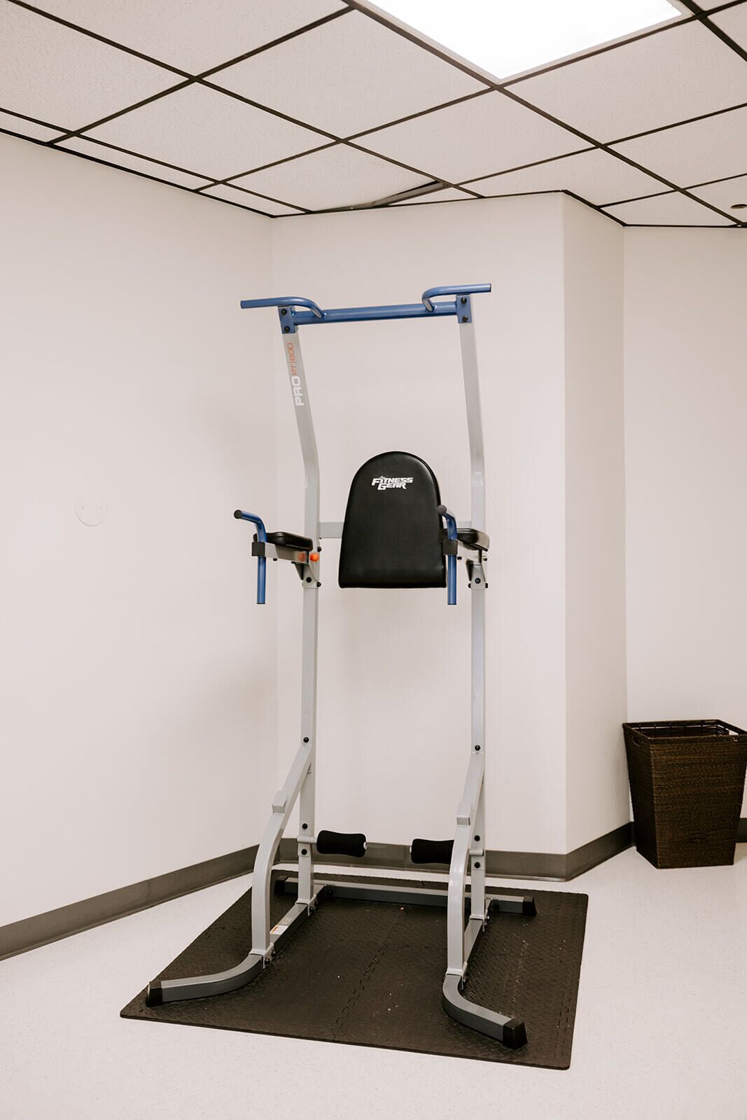 Un gimnasio con barra de dominadas, banco y colchoneta.