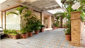 A hotel corridor with potted plants, a patterned floor, and a stone cabinet.
