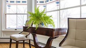 Une pièce dotée d’une grande fenêtre, d’une console en bois foncé sur laquelle est posée une plante verte, d’un fauteuil blanc rembourré et d’un canapé beige.