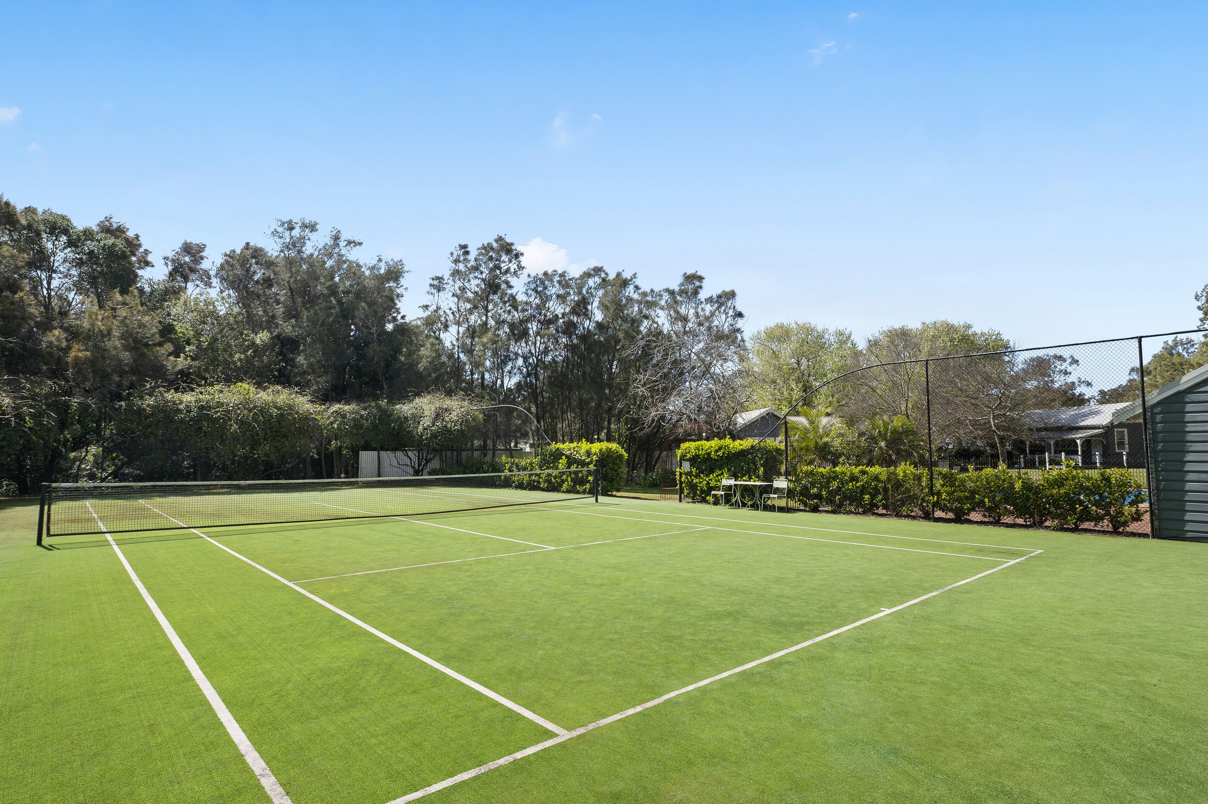 A tennis court with a net, surrounded by trees and a fence.