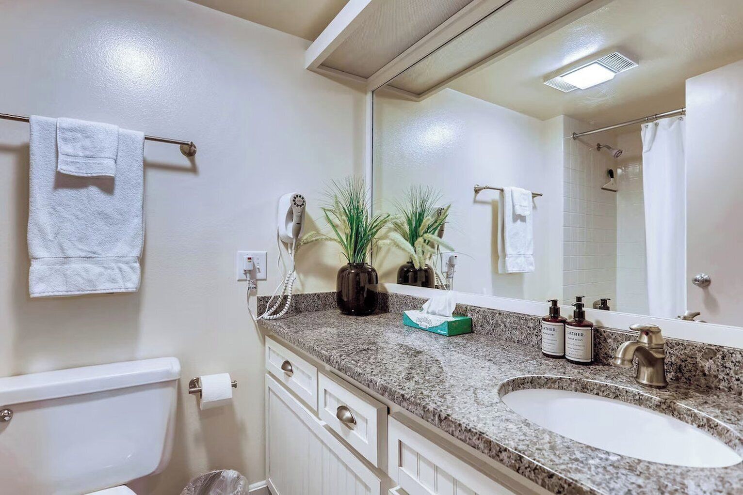 A bathroom with a granite countertop, white sink, and a mirror. There is a towel rack with a towel, a potted plant, and a tissue box on the counter.