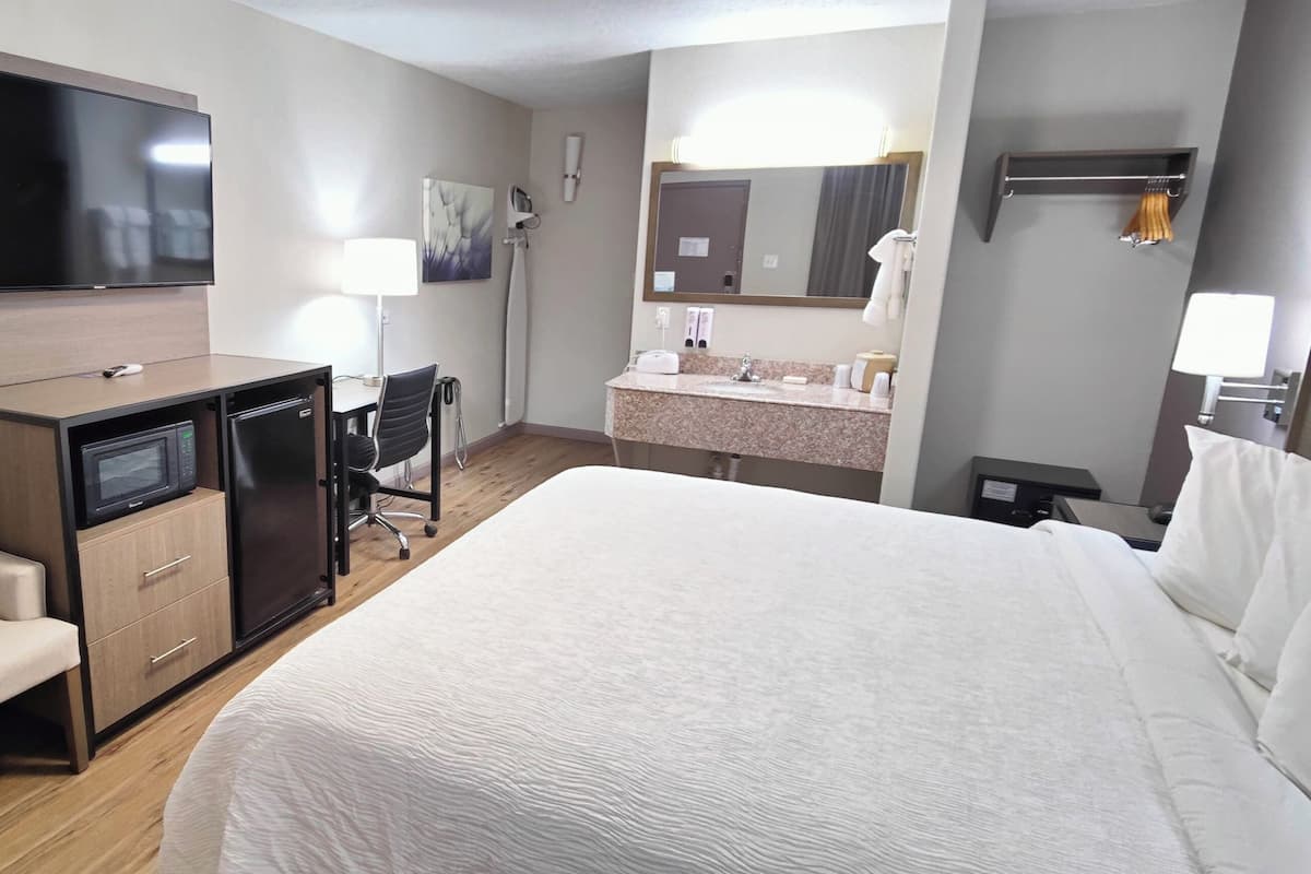 A hotel room with a bed, a desk with a TV, a microwave, a chair, a vanity with a mirror, and a sink.